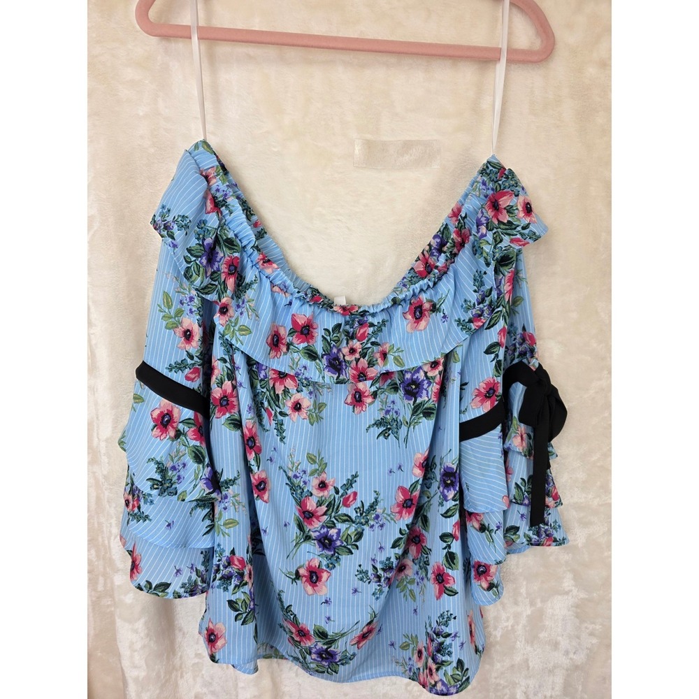 Womens Blue Floral Striped Off the Shoulder Ruffle Bell Sleeve Blouse L